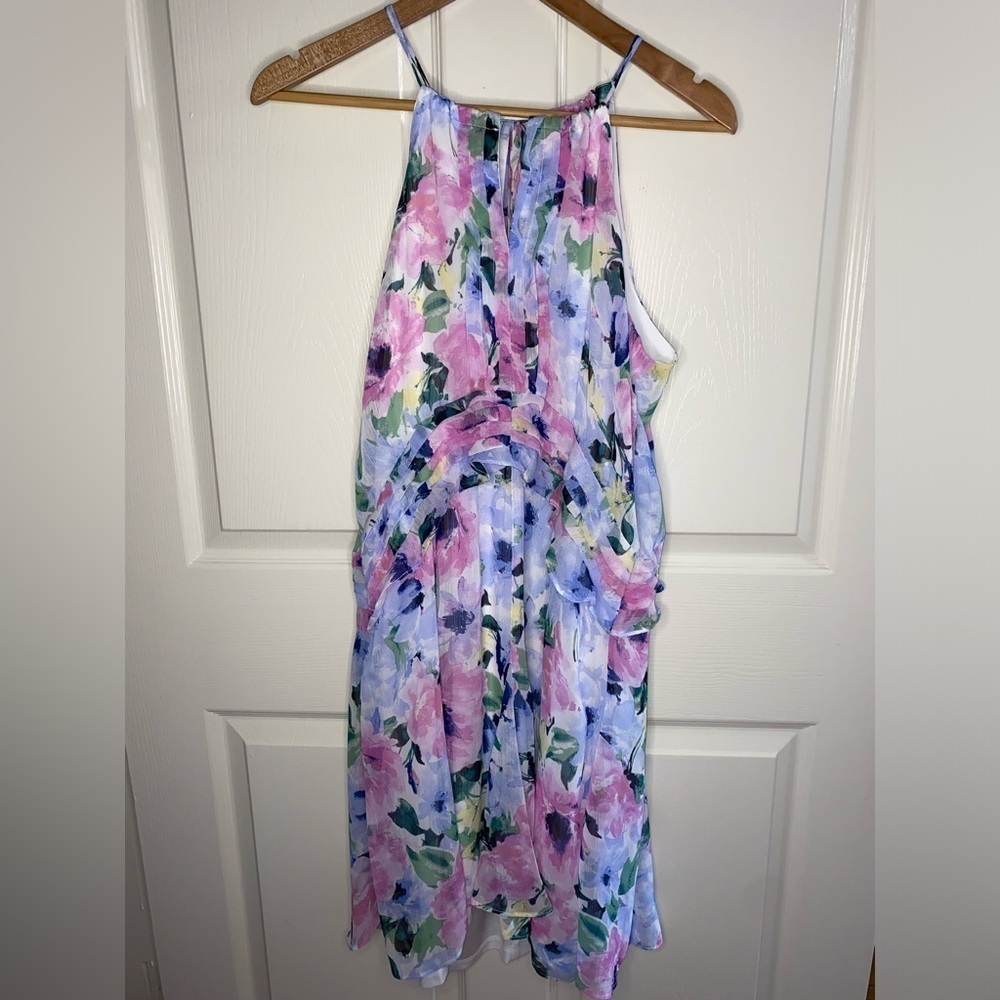 Tahari by Andrew S. Levine Pink Floral A-Line Chiffon Mini Dress, Wedding Guest - Picture 3 of 9